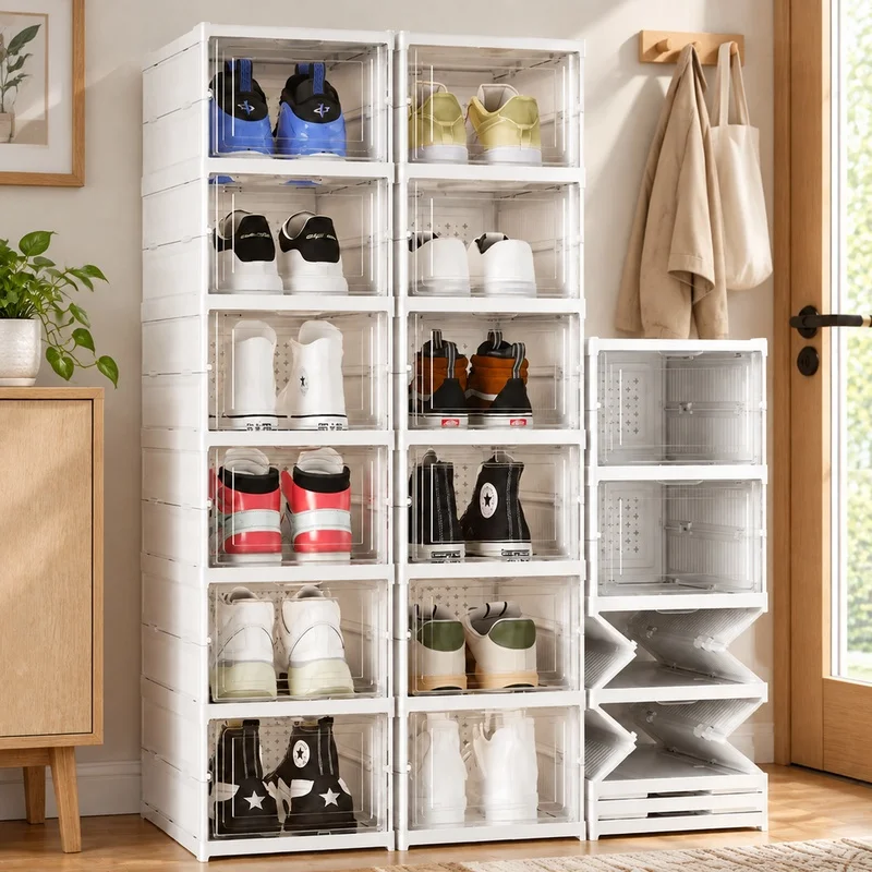 Clear 3-Layer Stackable Shoe Storage Container with Foldable Dustproof Design for Sneakers