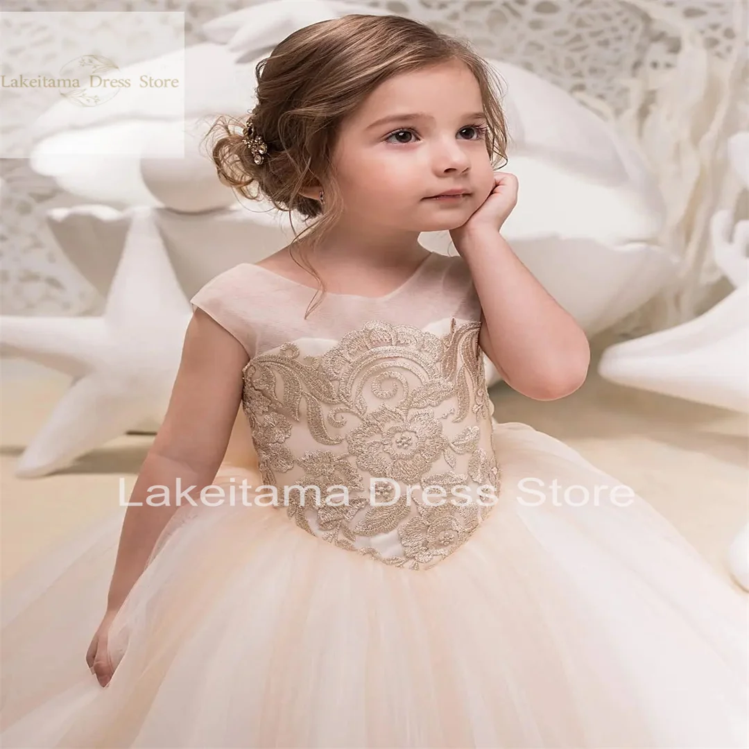 

Flower Girl Dresses With Bow Applique V Back Wedding Party Dress For Toddler Kids First Communion Pageant Gowns