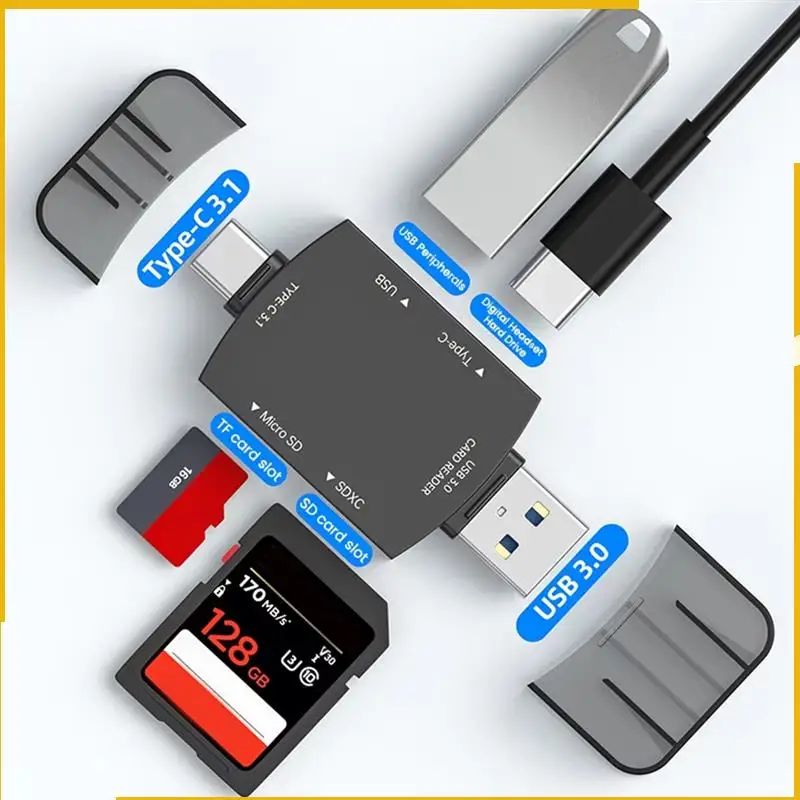 A93P Universal 6-In-1 Type-C 3.1 OTG Card Reader With USB 3.0 - Connects To Phones And Computers, Supports Multiple Flash Media