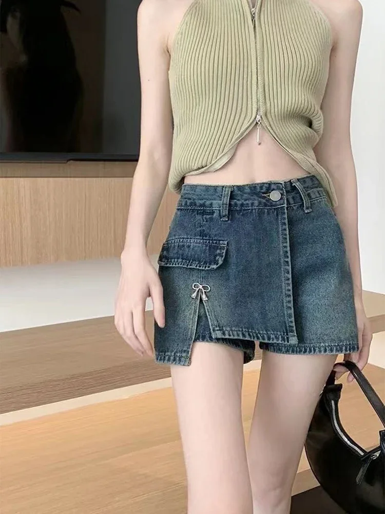 새로운 한국어 버전 디자인 감각 뜨거운 여자 레트로 데님 여성 a 라인 스커트 여름 높은 허리 모든 경기 반바지