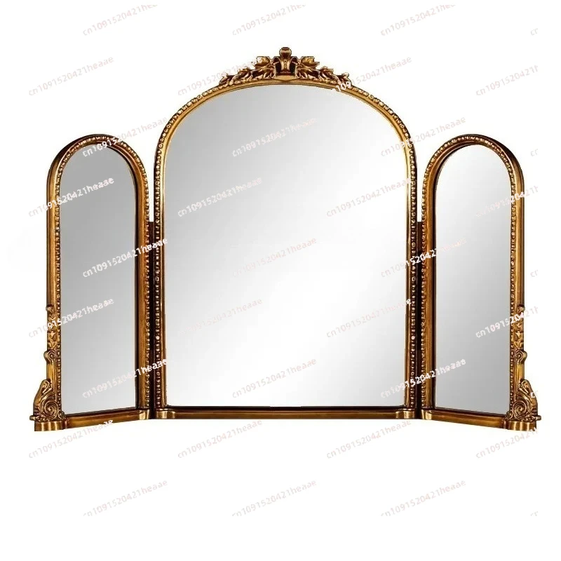 Suitable for Bedroom Vanity Mirror Desktop Desktop Home Folding Three-sided Mirror,Retro Tri-fold Mirror Carved Vanity,