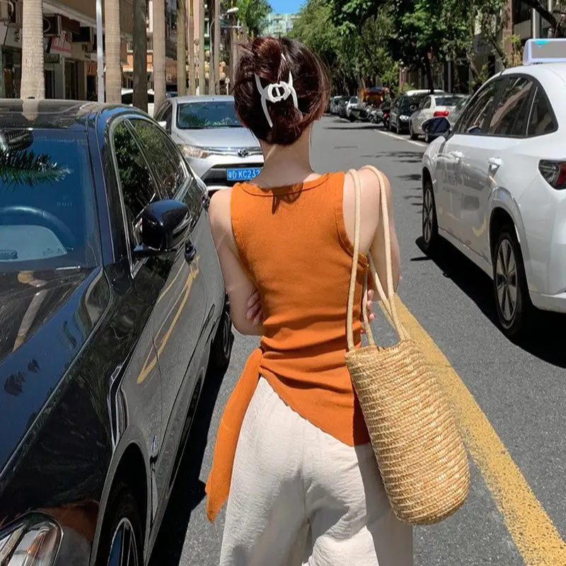 سترة بروتيل محبوكة بلون سادة لملابس الصيف، حزام خصر غير منتظم مفتوح بدون أكمام