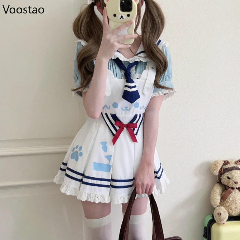 Japanese Kawaii Lolita Style Dress Set Women Preppy Sweet Bow Sailor Collar Shirt Tops Cartoon Print Mini Dress Girl Y2k Outfits