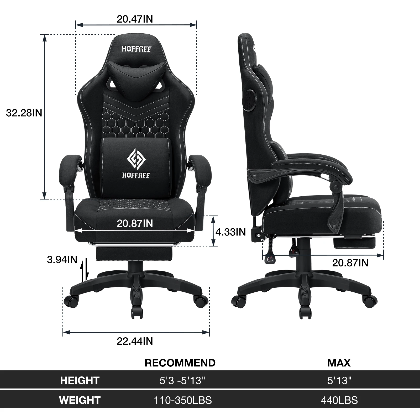 Breathable Gaming Chair With Footrest Lumbar Cushion Bluetooth Speaker 2-Point Massage Height Adjustable Computer Chairs Sofa
