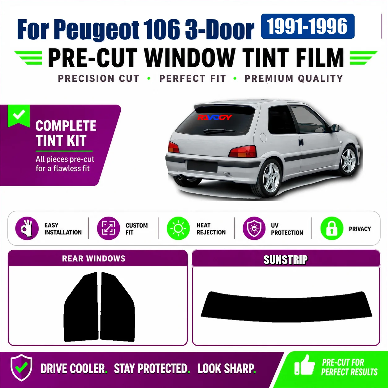 For Peugeot 106 3-Door 1991-1996 Sun Shade Film Tinted Front & Rear Window DIY Install Kit