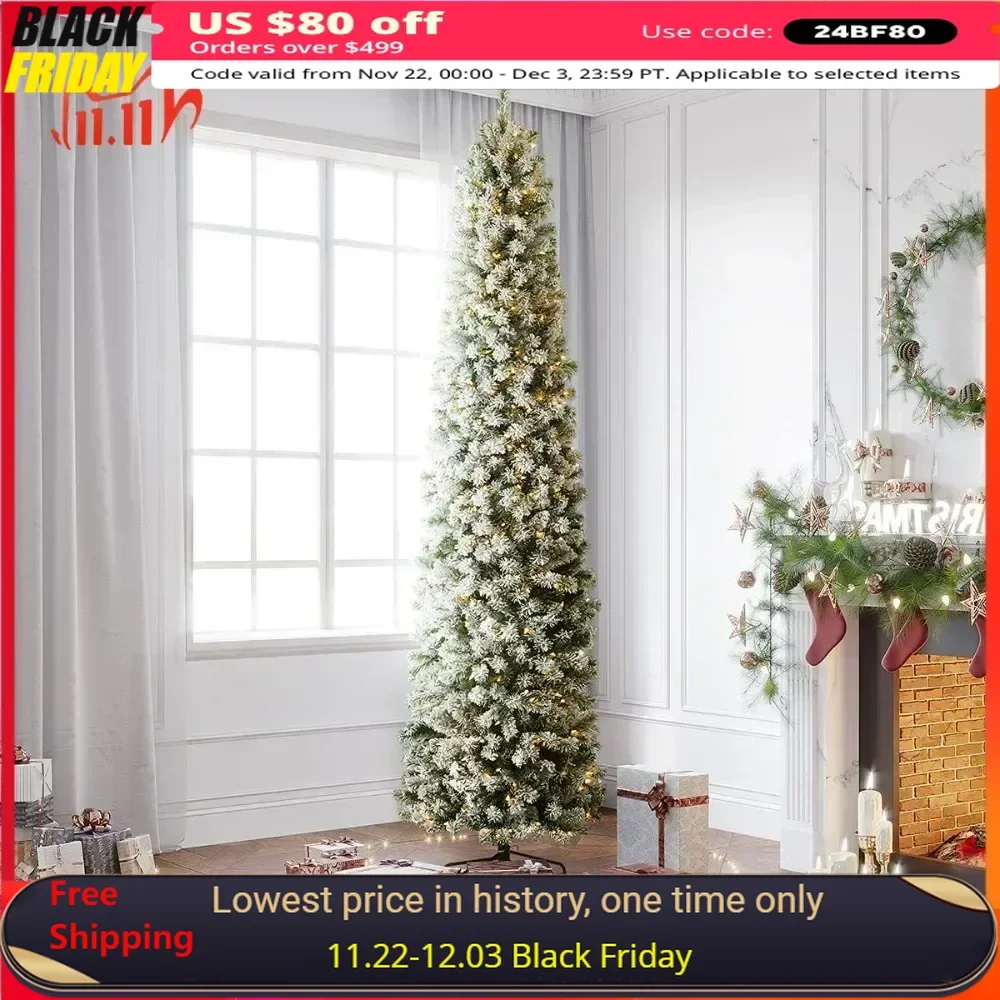 9 Foot Flocked Artificial Christmas Tree, with 450 Clear Lights,  Outdoor for Festive Holiday Decor,Hinged Snowy Slim Xmas Tree