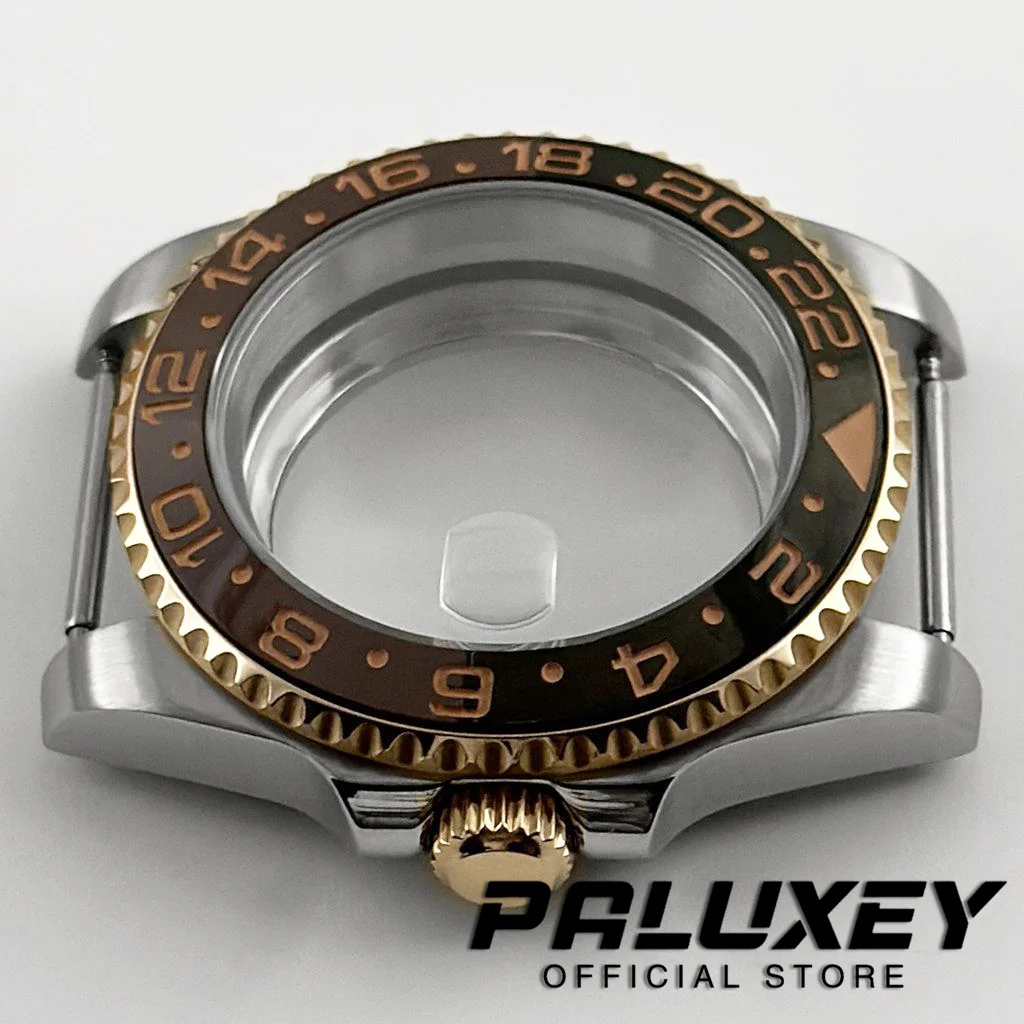 Boîtier de haute qualité plaqué or Rose, verre saphir en acier inoxydable pour mouvement NH34 NH35 NH36 ETA2824, boîtier de montre GMT étanche