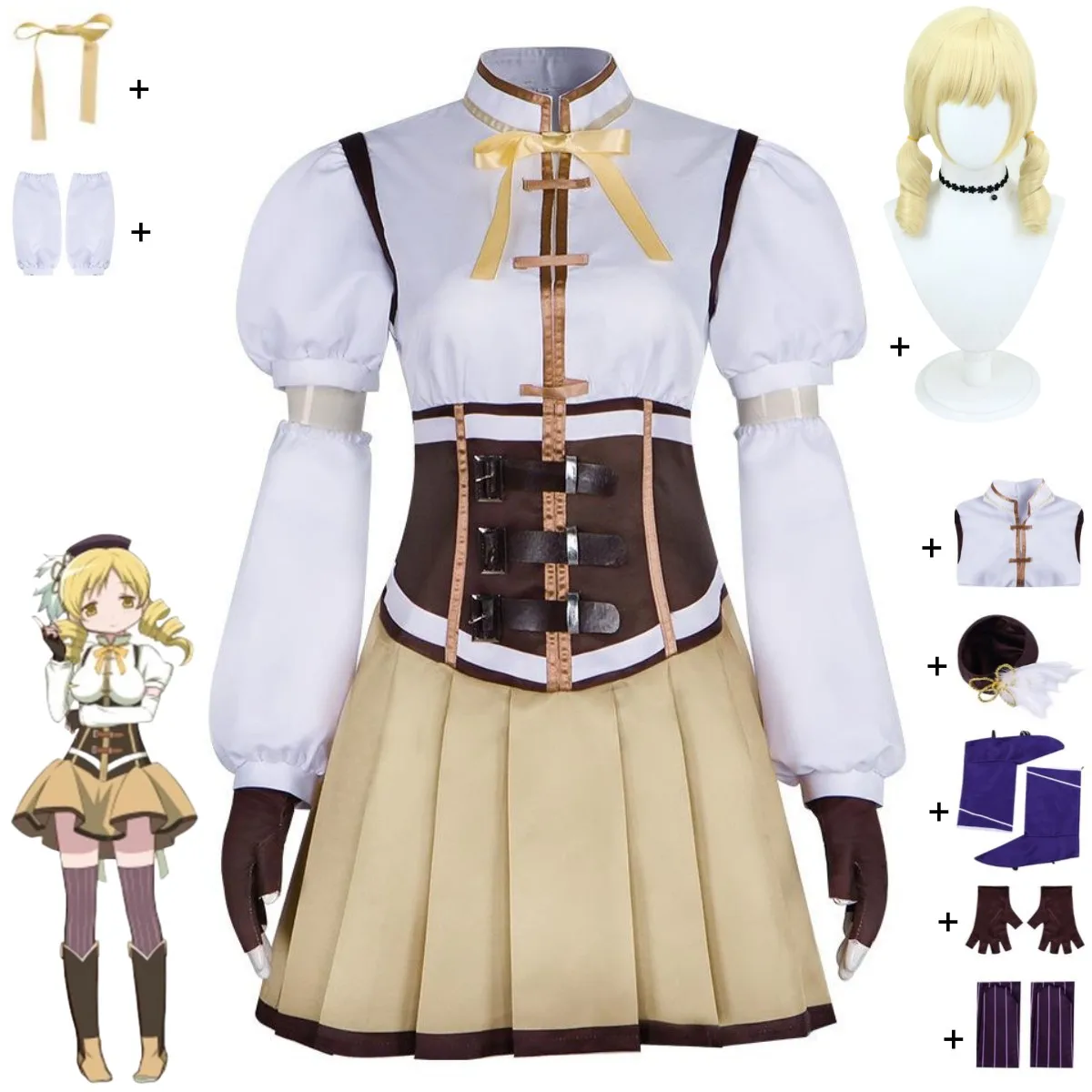 Anime Puella Magi Madoka Magica Tomoe Mami Cosplay Kostuum Madoka ☆ Magica Combat Uniform Pruik Vrouw Mooi Kawaii Kerstpak