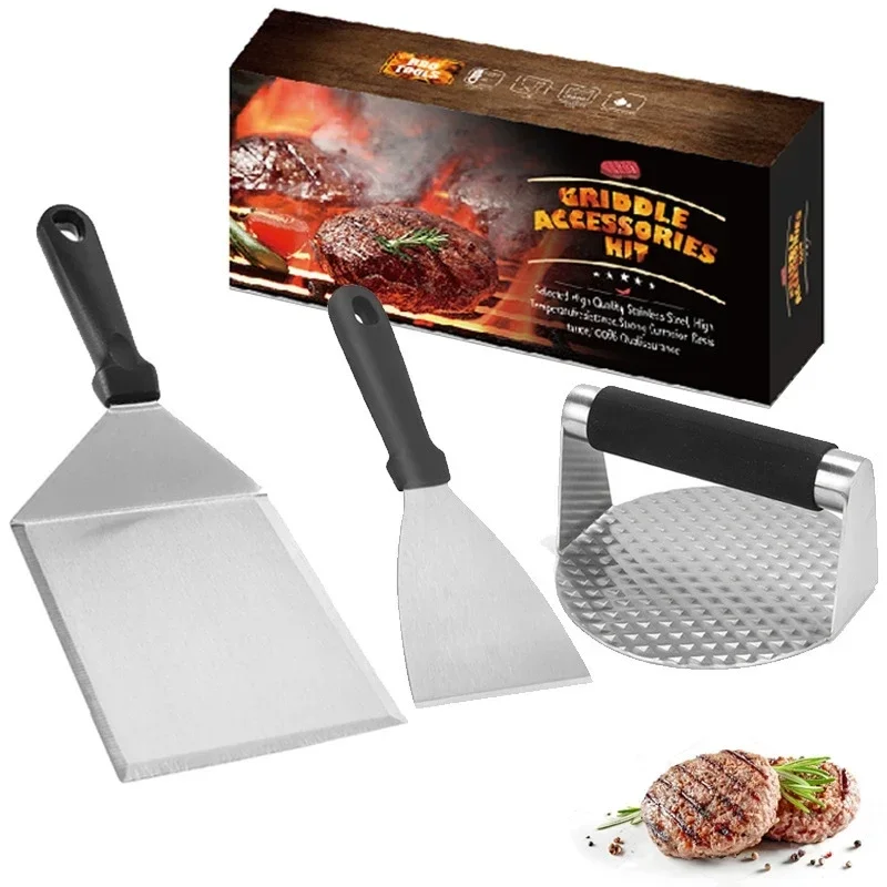 3pcs/set Stainless Steel Barbecue Tool Shovel Meat Patty Press Teppanyaki Fried Steak Transfer and Slitting Food BBQ Accessories