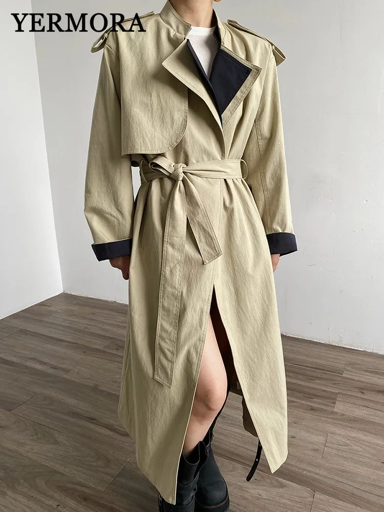

YERMORA Khaki Patchwork Belt Casual Trench For Women Lapel Long Sleeve Loose New Windbreaker Fashion Tide Spring Autumn 2025