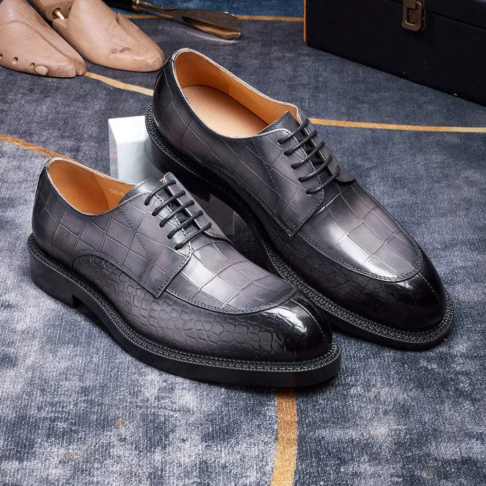 Men's Leather Shoes British Style Black Genuine Cowhide Crocodile Pattern Formal Derby Shoes Thick Sole Height Increase Shoes view 2