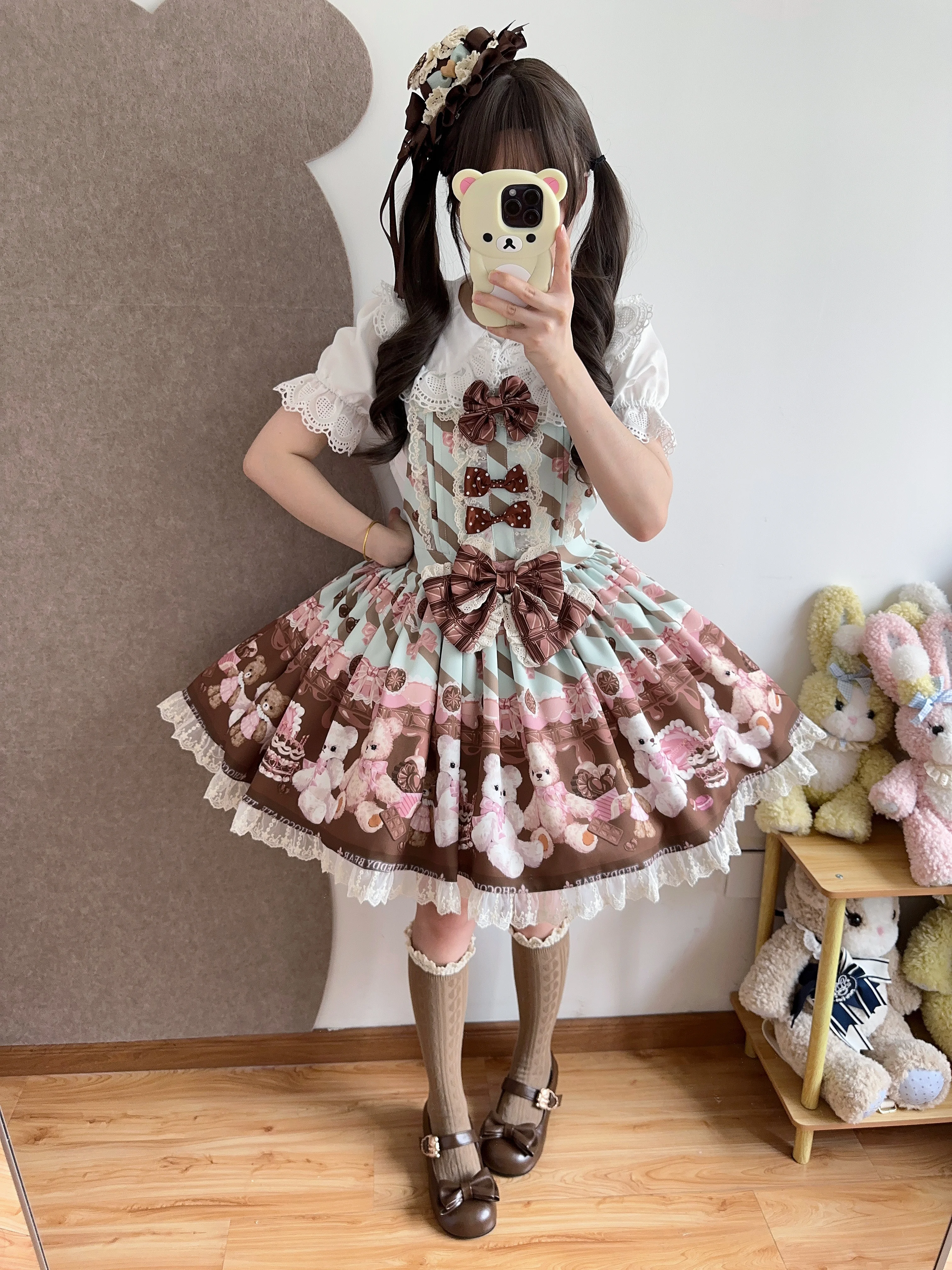Originele Japanse Zachte Meisjes Lolita Verjaardag Jurk 2025, vrouwen Zoete Boog Beer Print Kawaii Mini Jurk Dagelijks Lo Prinses jurk