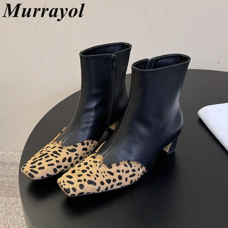 Chelsea Boots Real Leather Leopard Pattern Mid-Calf Botas Women Square Toe Chunky High Heels Spring Autumn Patchwork Short Boots