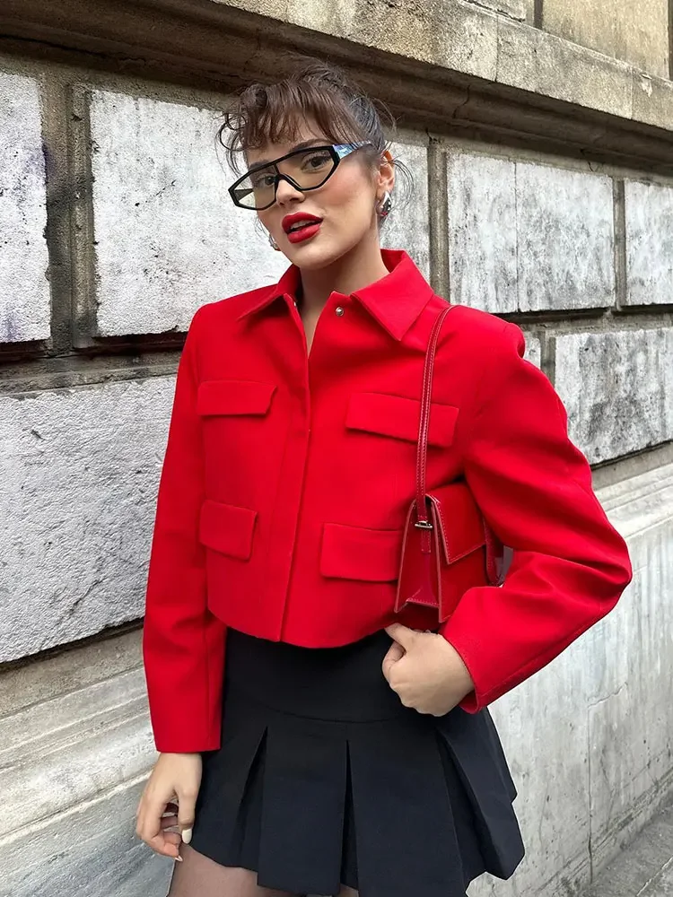 

2024, весенняя новая женская куртка, короткое пальто, элегантная однотонная женская куртка с длинными рукавами и передним клапаном, верхняя одежда, уличная одежда