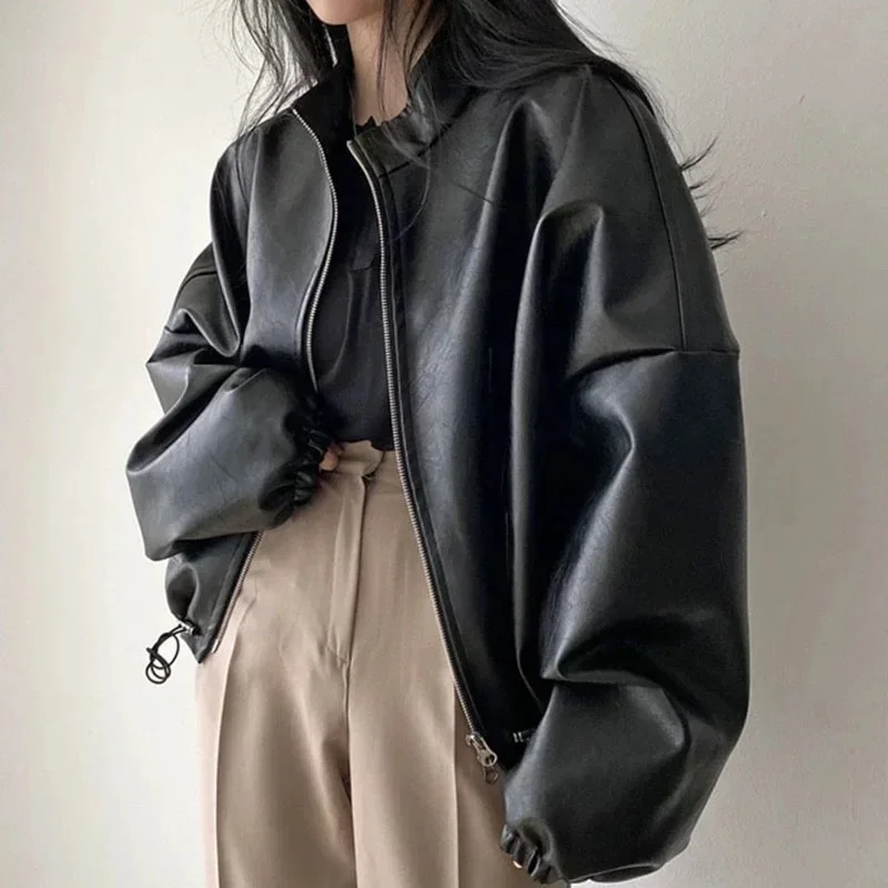 Y2K Women\'s Leather Jacket Loose Stand Collar Long Sleeve Solid Coat Fashion Street Style Pockers Zipper Drawstring Lady Outwear