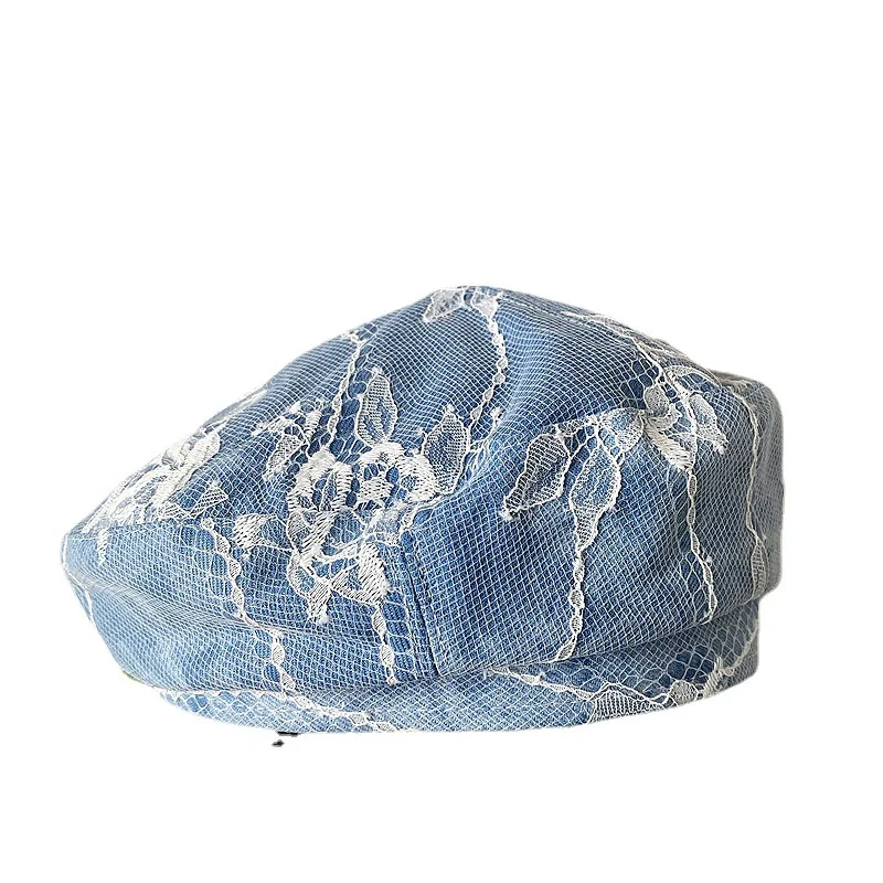 2022 Summer Korean Version Dome Bud Hat Female Lace Denim Beret Fashion Temperament Painter Hats Gorros