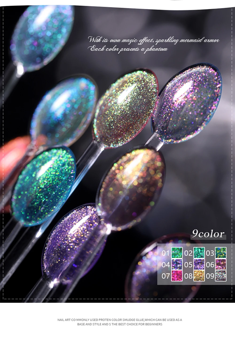 Vendeeni 9 Farben Perlmutt-Farbgel-Nagellack Glänzender Aurora-Effekt UV-Soak-Off-Gel-Lack Meerjungfrauen-Gel-Lack für Nagelkunst – Detail 5
