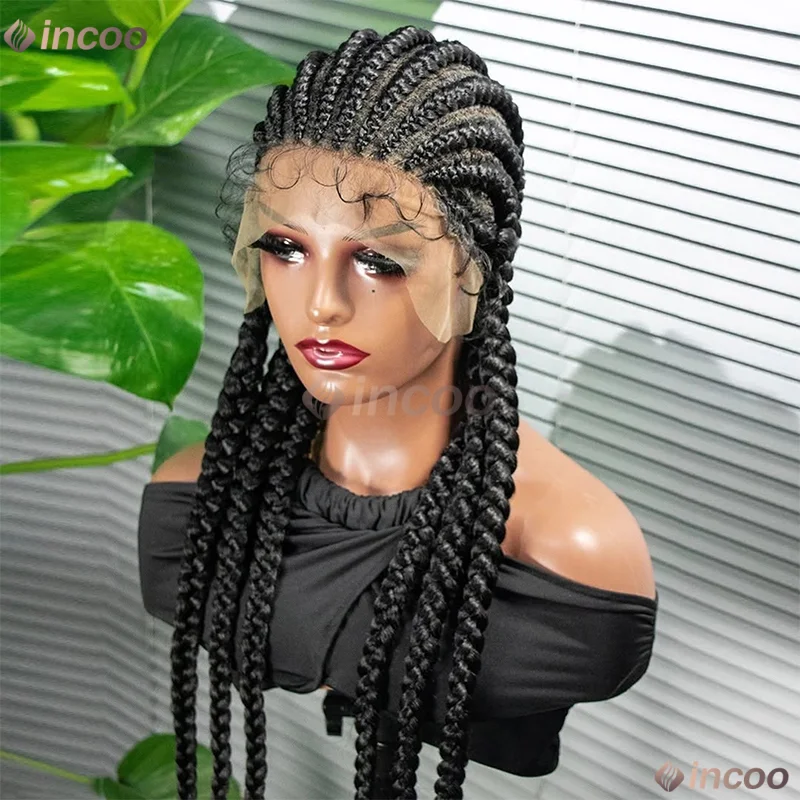 36インチ コーンロウブレイズ ベビーヘア付き 合成ウィッグ 360フルレースウィッグ 黒人女性用 ボックスブレイズ ブラックウィッグ