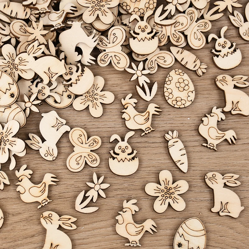 50/100 Stück Ostern Holzhandwerk Ornament Kaninchen Eier Kinder Malerei DIY Holzscheibe 2025, Frühling Ostern Party Home Tischdekoration – Detail 5