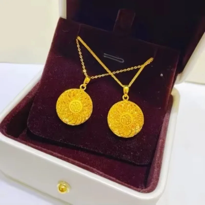 9999 Gold Premium 9999 women's gold necklace, life blessing 24k real gold hollow silk round pendant, perfect giftAU750