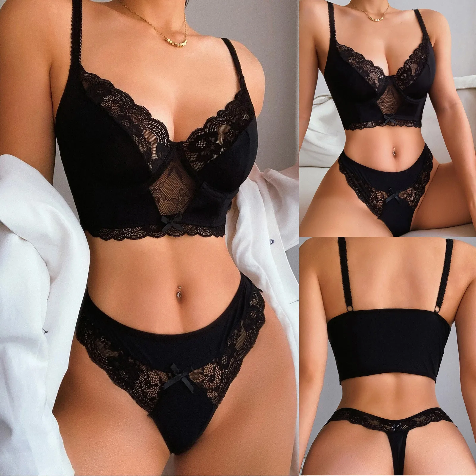 Conjunto transparente de sutiã de renda para mulheres, lingerie erótica, tanga sem costura ultrafina, roupa interior sexy, moda quente