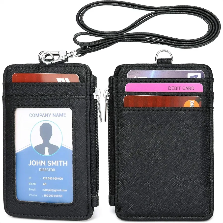 

ID Badge Holder with Neck Lanyard PU Leather ID Badge Wallet Case with 1 ID Window 4 Card Slots 1 Side Zipper Pocket