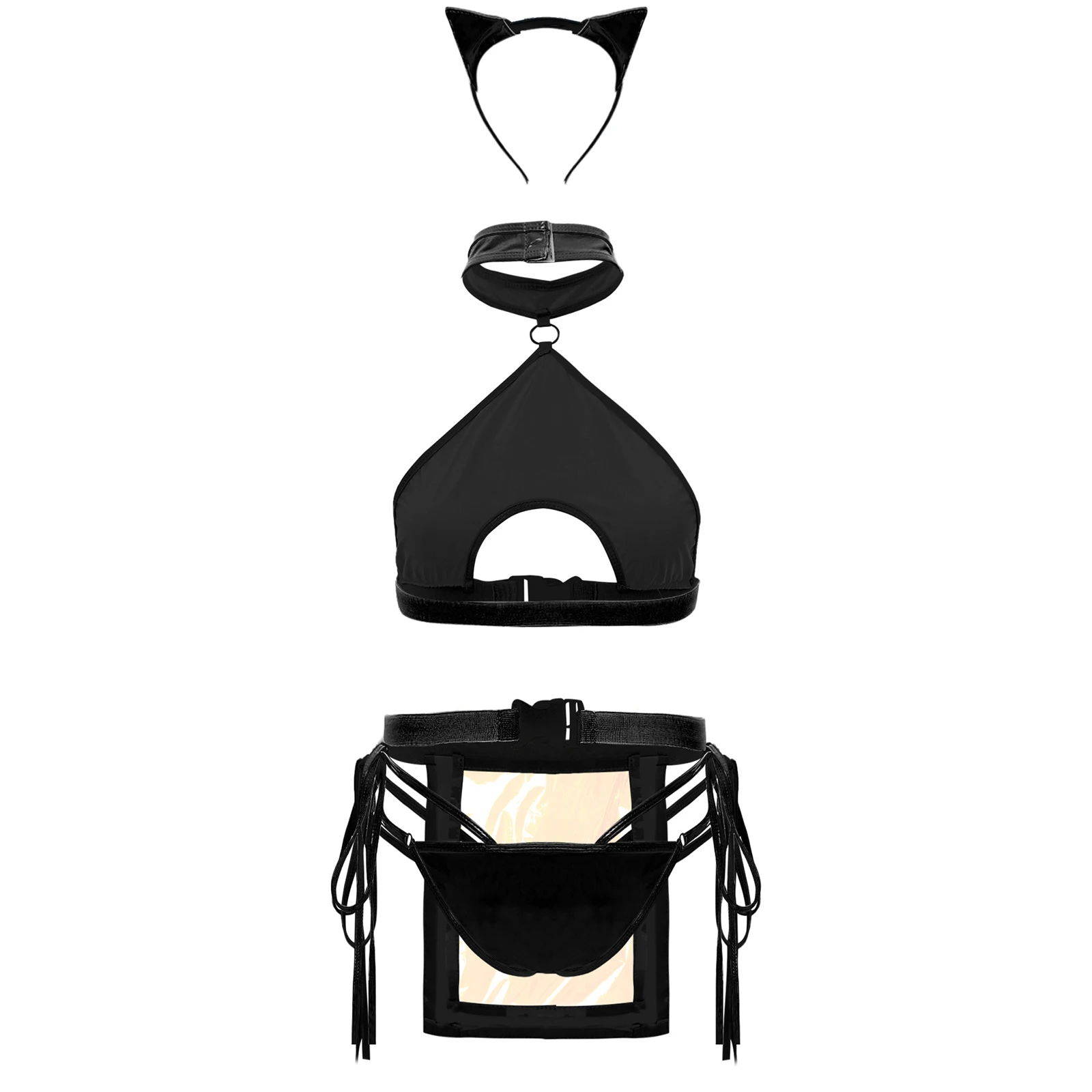 Mulheres sexy coelho gato lingerie traje de couro patente halter colheita superior com cuecas de renda avental conjunto role play nightwear clubwear