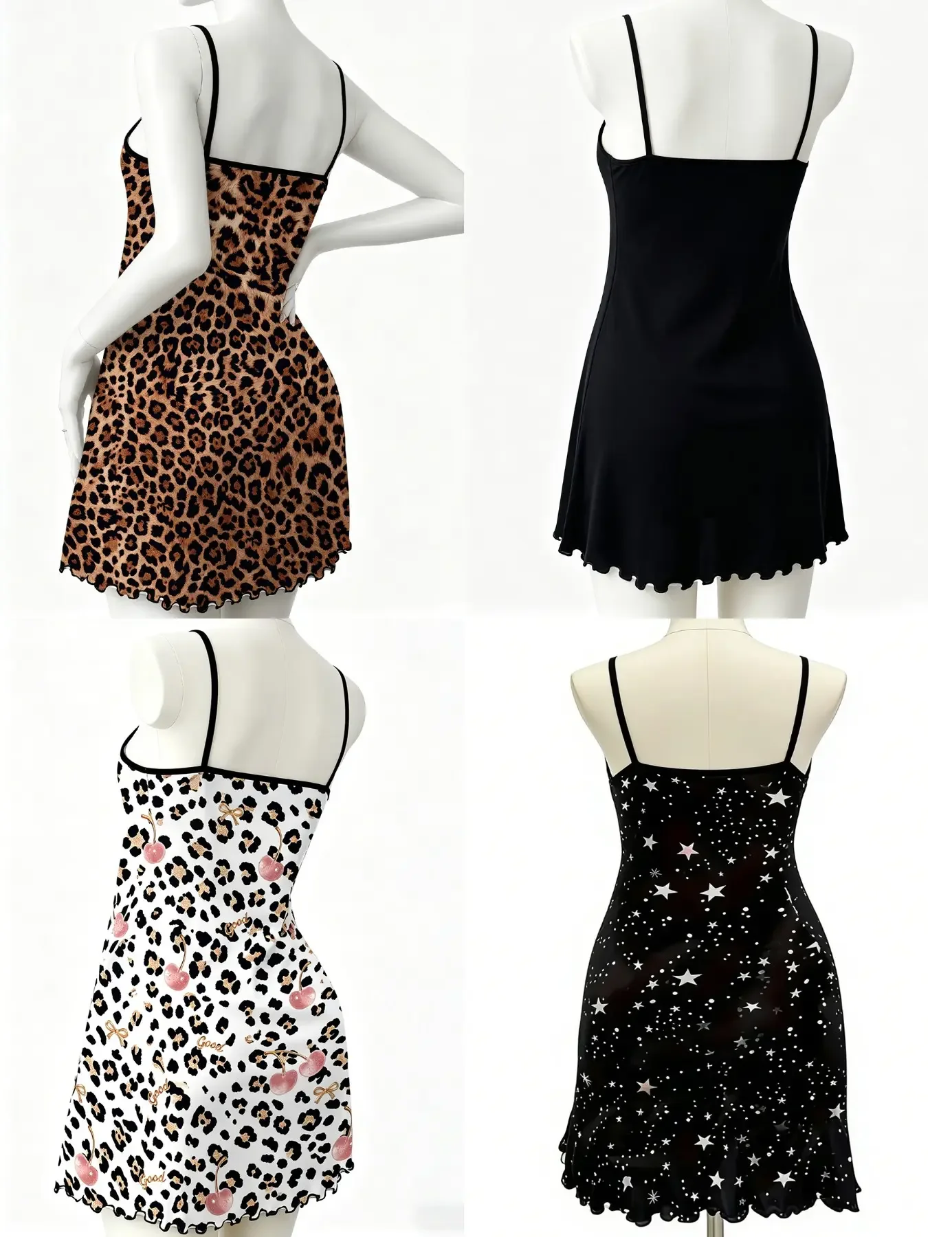 Women's Sleepwear 4 Piece Bundle Y2K Edgy Aesthetic Leopard Print Summer Western Grunge Style Spaghetti Strap, Sleeveless Lettuce Ruffle Hem Contrast Trim Breathable Lightweight Fabric Cami Nightdress Lounge Wear, Loungewear Nightdress