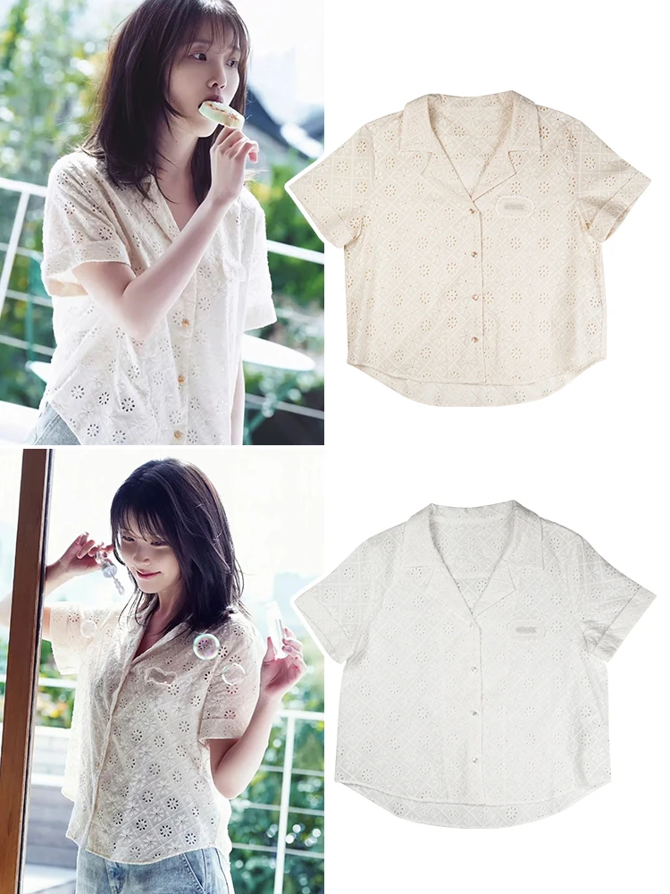 

Korean Style Short Sleeve Lace V-Neck Floral Shirt Women's Top Sugar Home Cotton Straight Cut Regular Thickness Spring 2025