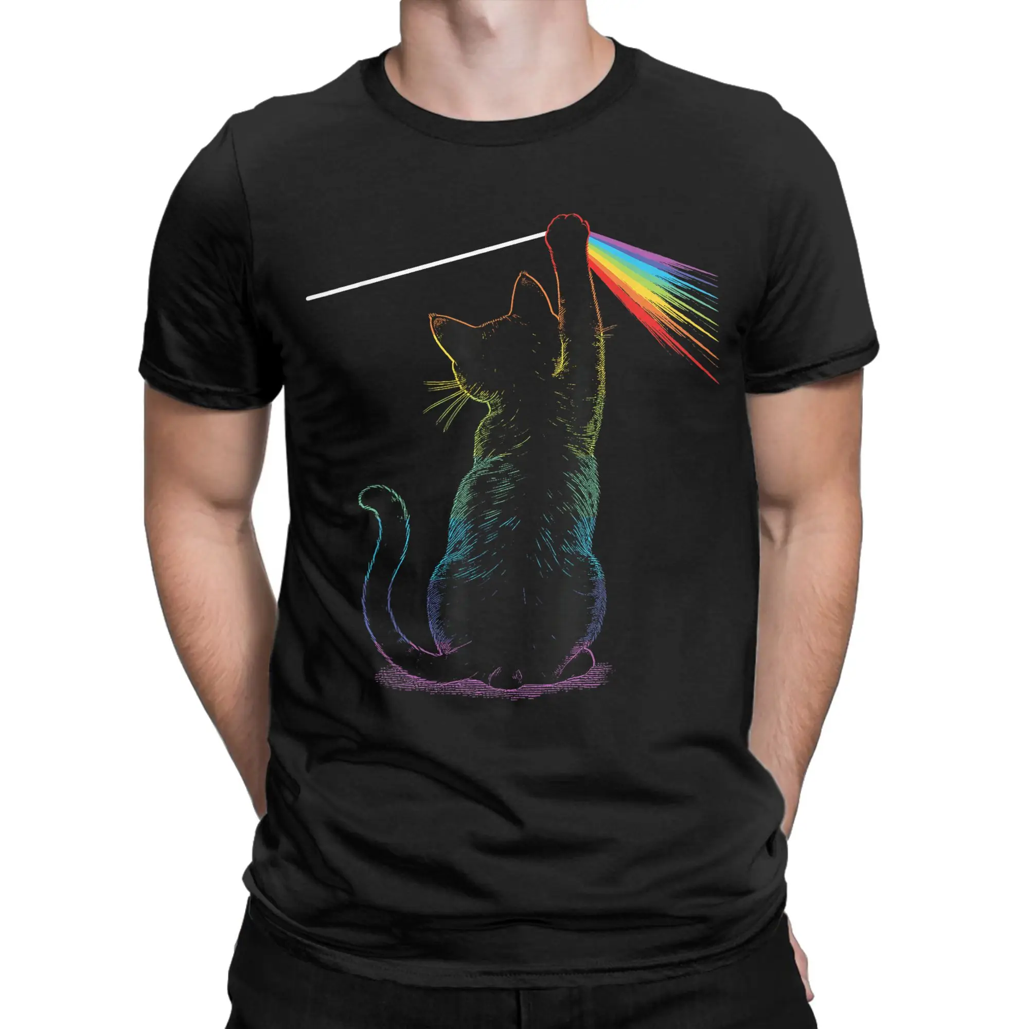 

Футболка Black Cat Rainbow Light Prism Science, мужская забавная футболка из чистого хлопка с круглым вырезом, футболка с короткими рукавами, одежда большого размера