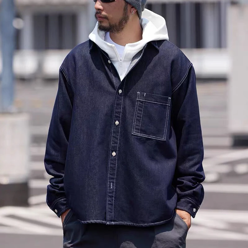

Японская свободная повседневная джинсовая рубашка-куртка для мужчин, устойчивая к выцветанию, большого размера, CleanFit, с длинными рукавами, без воротника, на пуговицах, кардиган