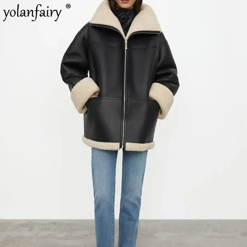 

High End Real Fur Natural Lamb Fur Coat Women Winter Warm Overcoat Medium Loose Genuine Sheepskin Leather Jacket 2022 Abrigos FC