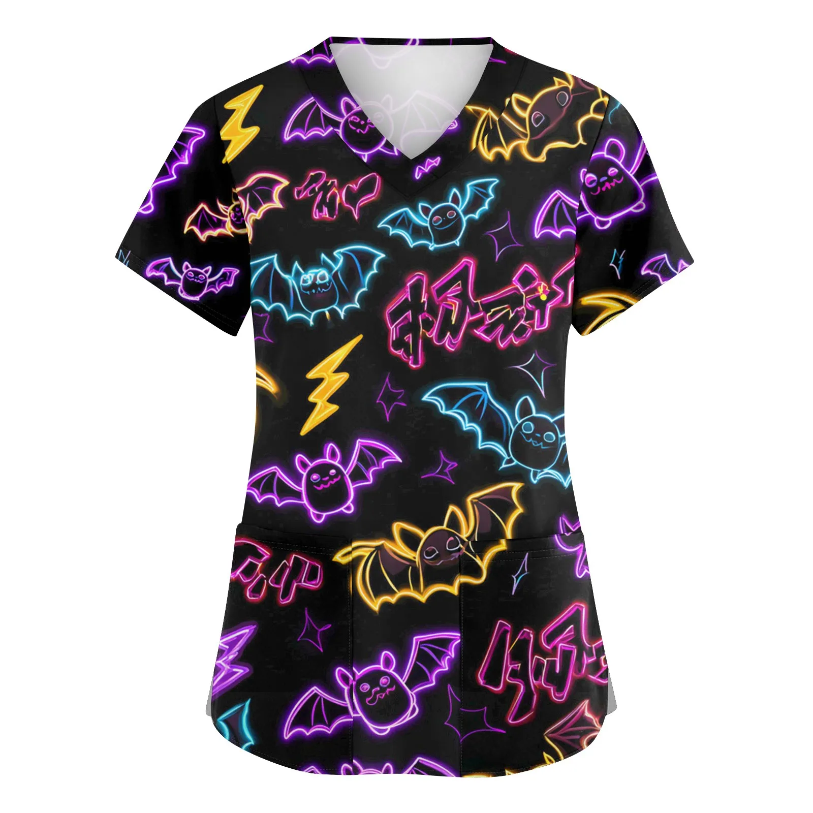 Uniforme chirurgica Donna Stampe di Halloween Scrub Donna medica Casual Scollo a V Manica corta Tasca applicata Uniforme infermieristica per le donne