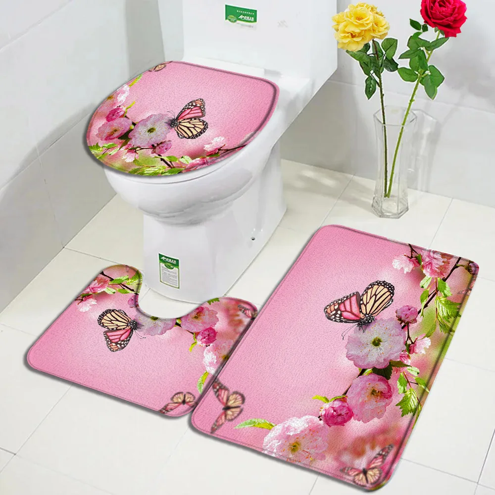 Rustic Butterfly Flowers Bath Mat Set White Orchid Pink Rose Spring Nature Floral Plant Bathroom Decor Non-slip Rug Toilet Cover