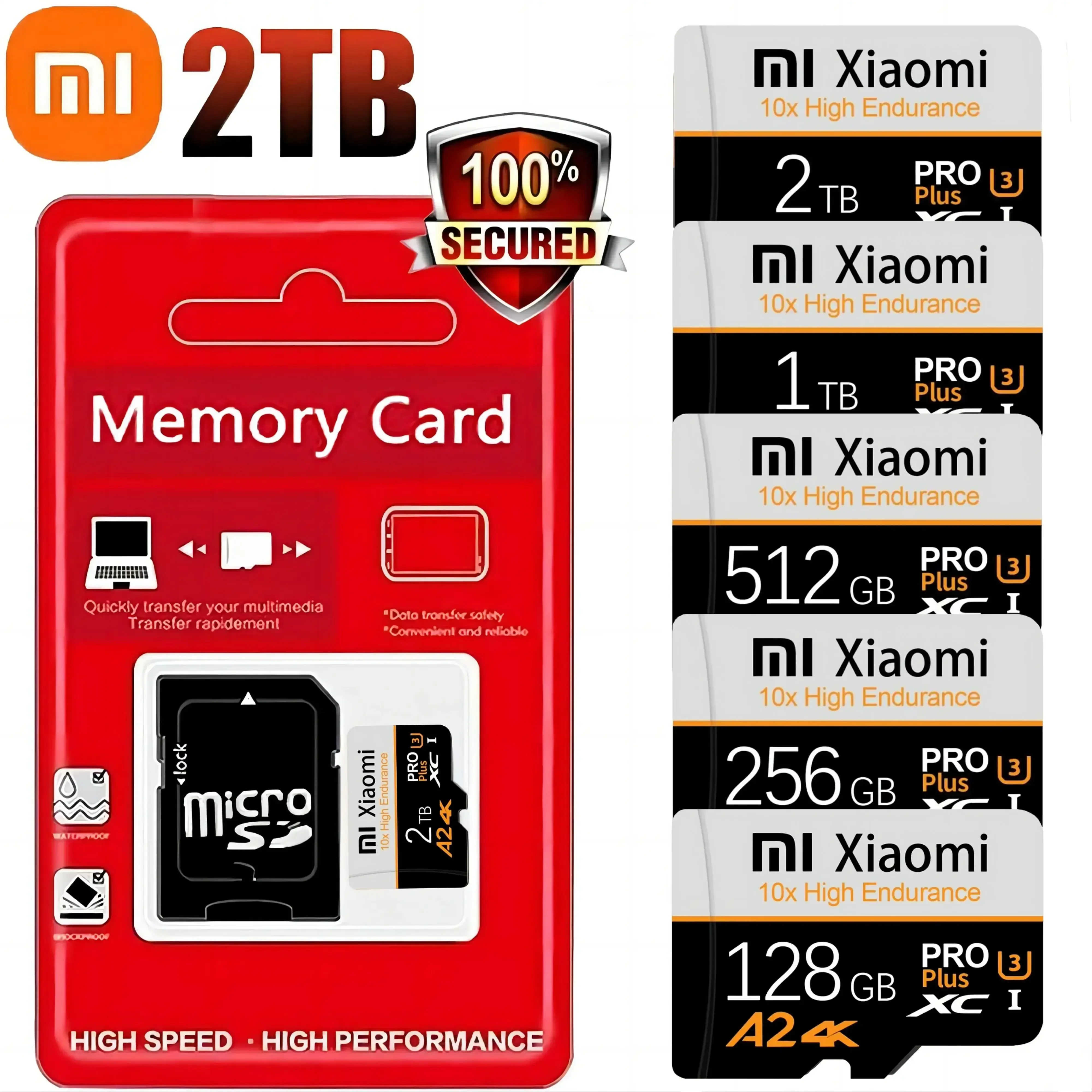 Быстрые карты памяти Xiaomi SD 2 ТБ, Micro TF SD карты памяти 1 ТБ, 256 ГБ, класс C10 для ноутбуков / систем видеонаблюдения / ПК / Android.