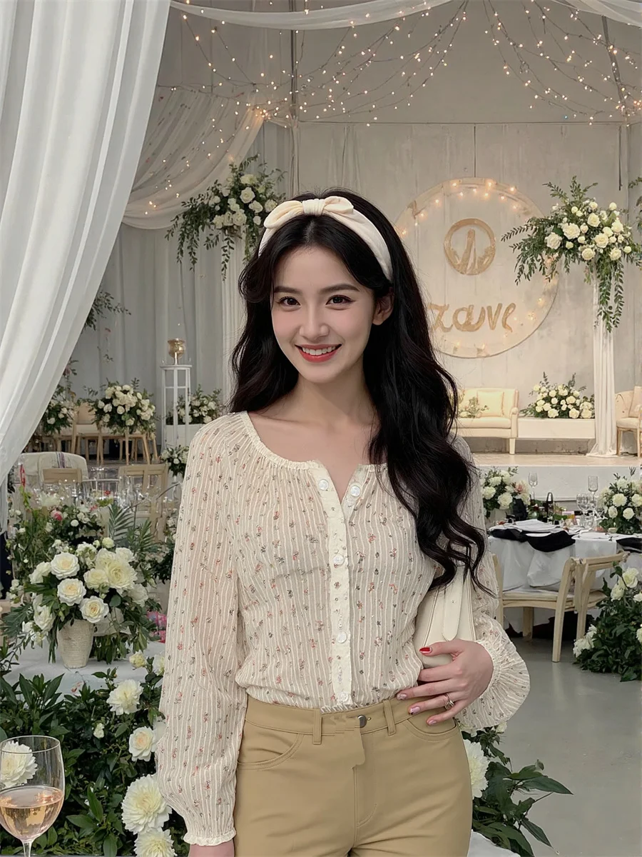 

Однобортные блузки с цветочным принтом, женские бандажные талии, лоскутная сетка, женские праздничные модные студенческие милые расклешенные рукава