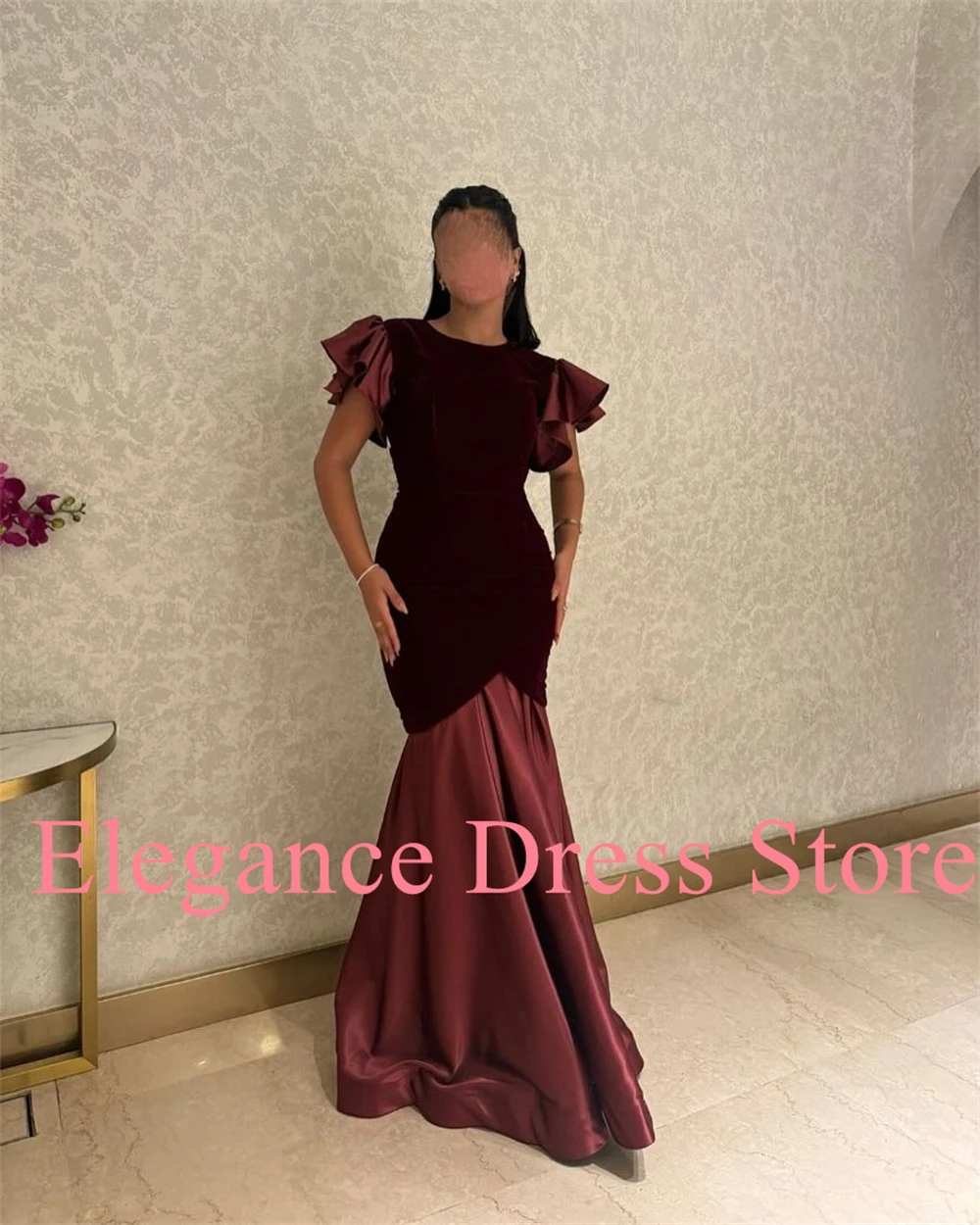 Robe De soirée De forme sirène, col rond, en velours et Satin, personnalisée, classique, manches courtes, plis