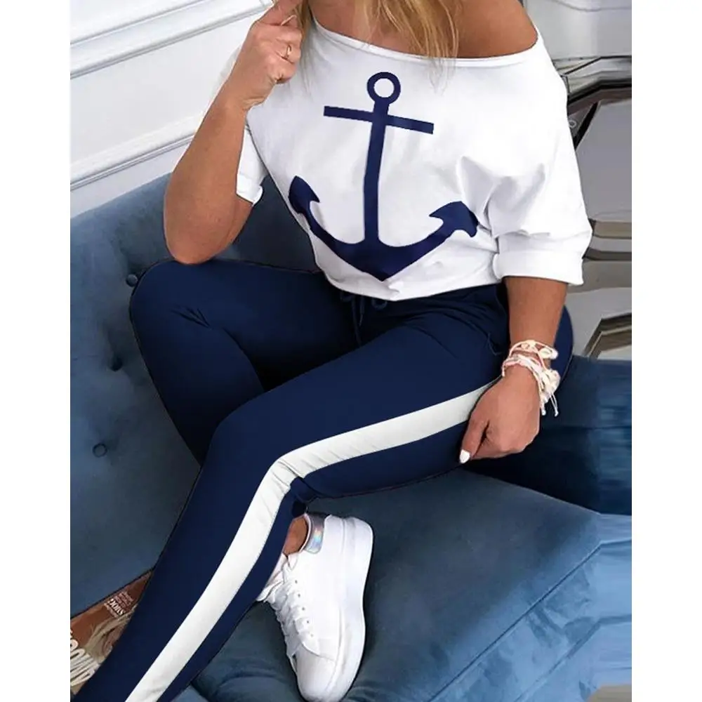 Tweedelig sportpak voor dames ort Sve T-shirt met bootprint Casual Sle lange broek Herfstfaion-set