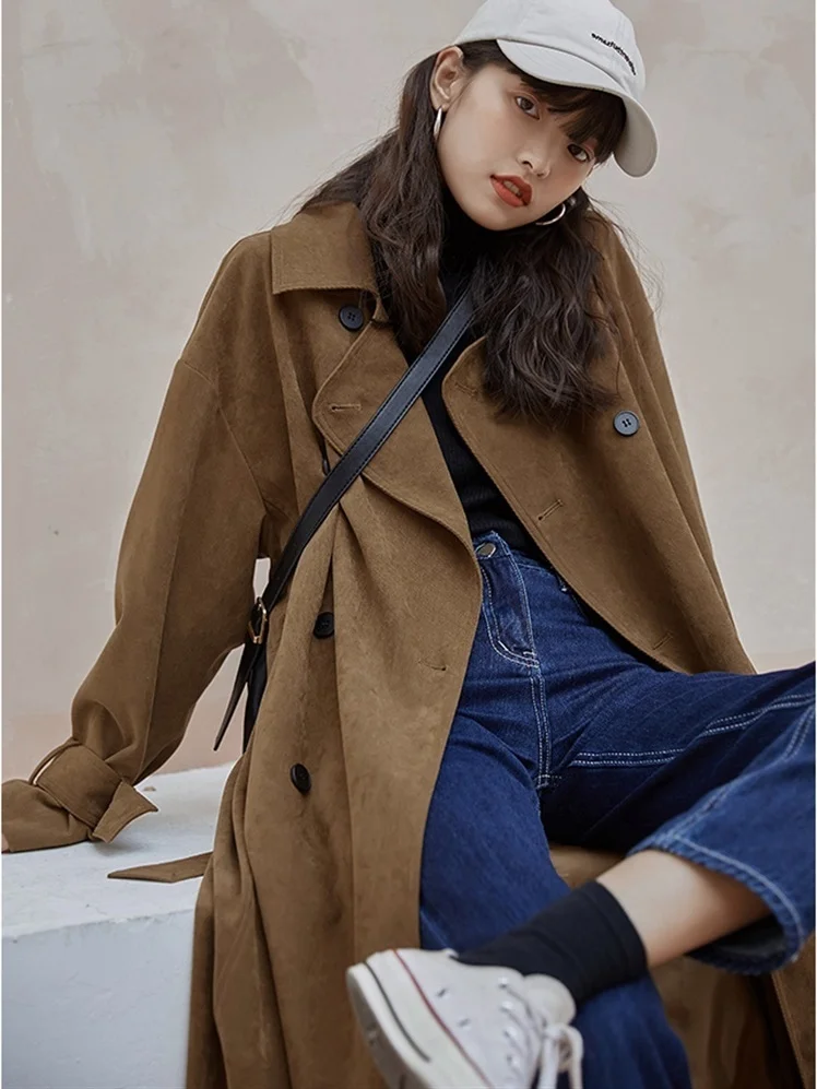 

Woman Trench Coat Woven Coatwear Hot Sale Students Colored Sports Climbing Tailoring Accurate Tie Lazy Stitching Straight Cut