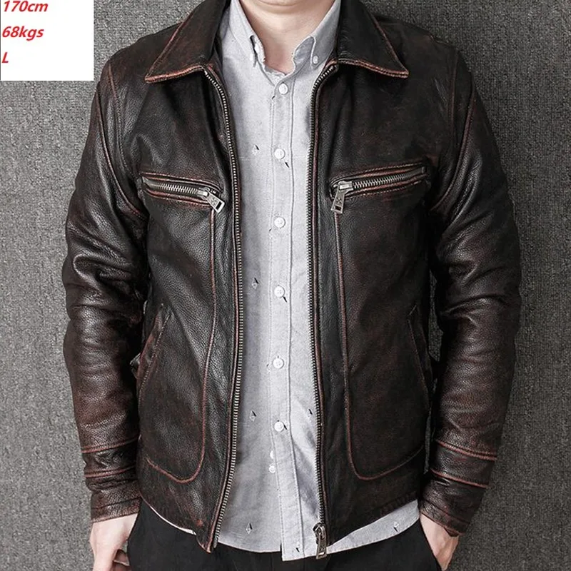 

Men Genuine Leather Jacket Vintage Style Real Leather Clothes Classic Men Cowhide Coat Natural Men Clothing Calf Skin Clothes