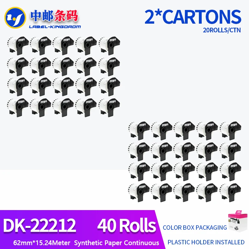 

40 Rolls Generic DK-22212 Label 62mm*15.24M Continuous Compatible for Brother Printer QL-570/700 All Include Plastic Holder