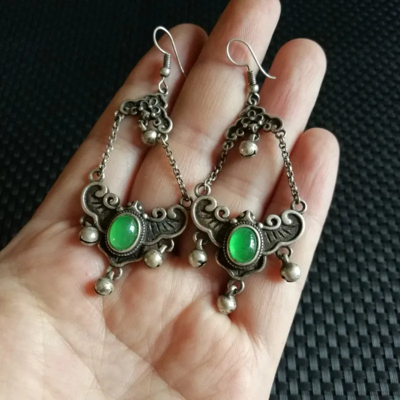 Antique Silversmith Inlaid With Jadeite 'S , A Pair Of Old Patina Women'S Earrings, Jewelry Acces
