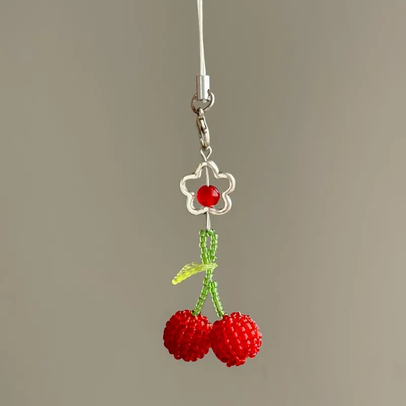 Colgante de cereza Simple y bonito para teléfono móvil, bolso exquisito con cuentas hecho a mano, llavero colgante, bolsa de cambio, bolsa para auriculares, cadena colgante
