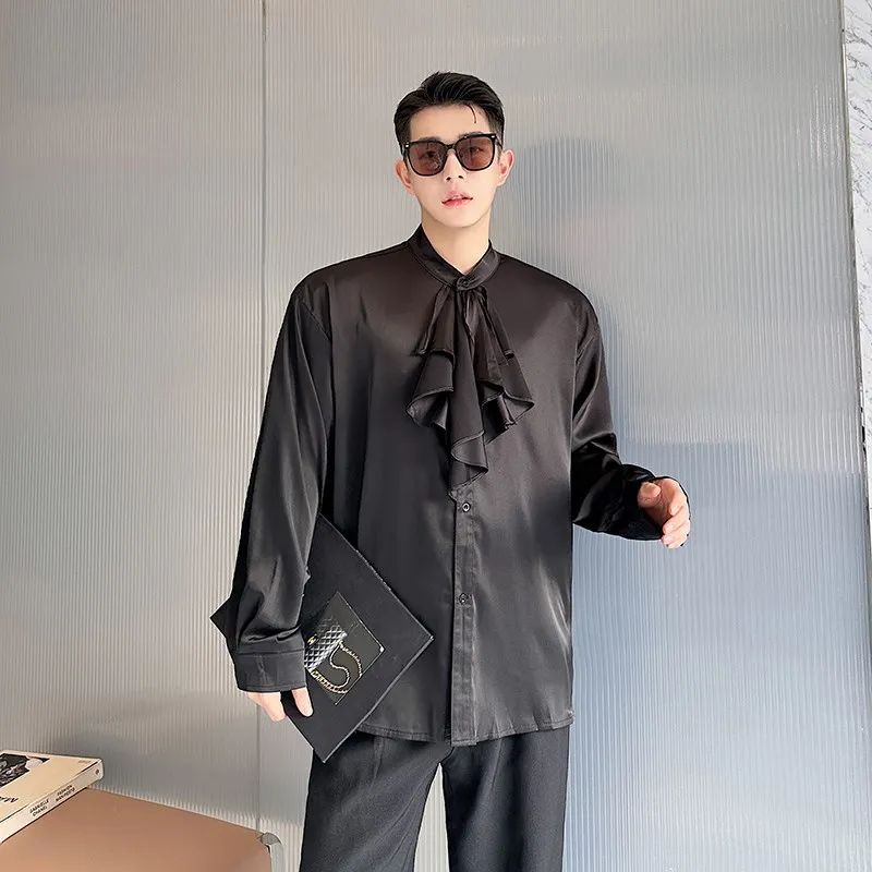

Men's Long Sleeve Shirt Satin Drape Stand Collar Design Classic Court Style Slim Fit Youthful Trend Four Seasons Versatile
