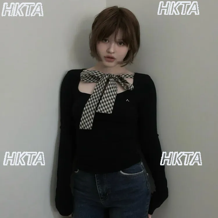 Japanese Tshirt Women U-shaped Collar Silm Stretch Long Sleeve Knitting T-shirt Ladies Collar Grids Tie Bow Black Top Spring New