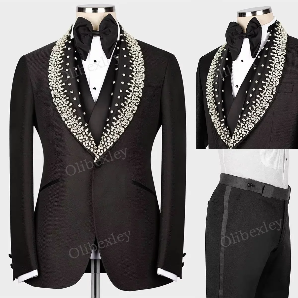 

Luxury Men's High Quality 2 Piece Suit Beaded Crystals One Button Slim Fit Wedding Groom Business Dinner Party Suits