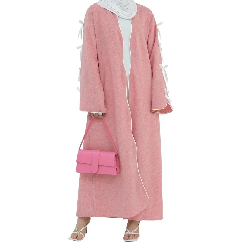 

Women's Eid Abaya Dresses Long Sleeve Open Front Pearl Bowknot Prayer Dress Ramadan Cardigan Dubai Kaftan
