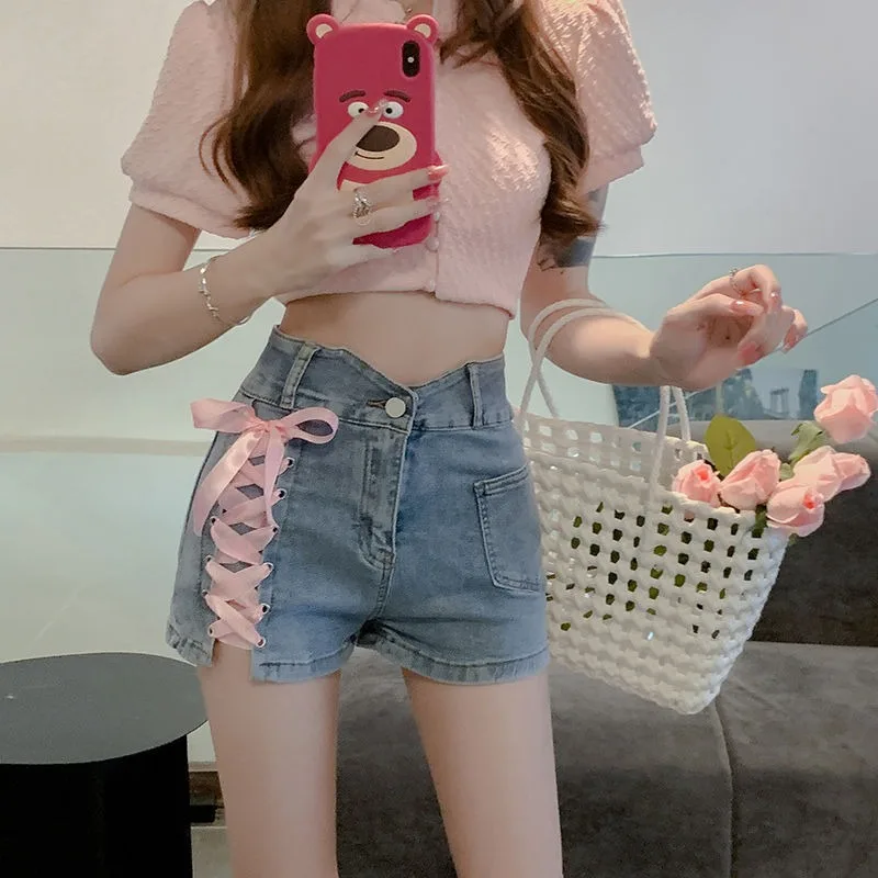 Pink Cross Denim Shorts  Tie Decorative Hot Trousers Shorts Female Summer New High Waist Thin A-line Shorts Womens Clothing