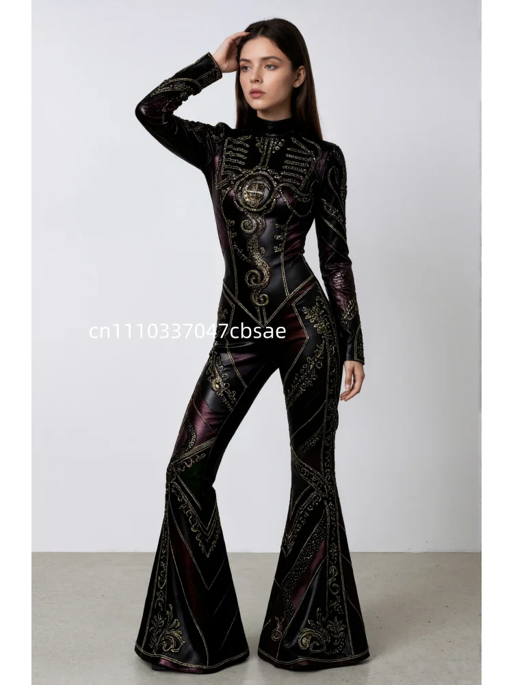 Damen Gold Strass-Print Jumpsuit mit ausgestellter Schlaghose Gothic Steampunk Halloween Cosplay Party Kostüm