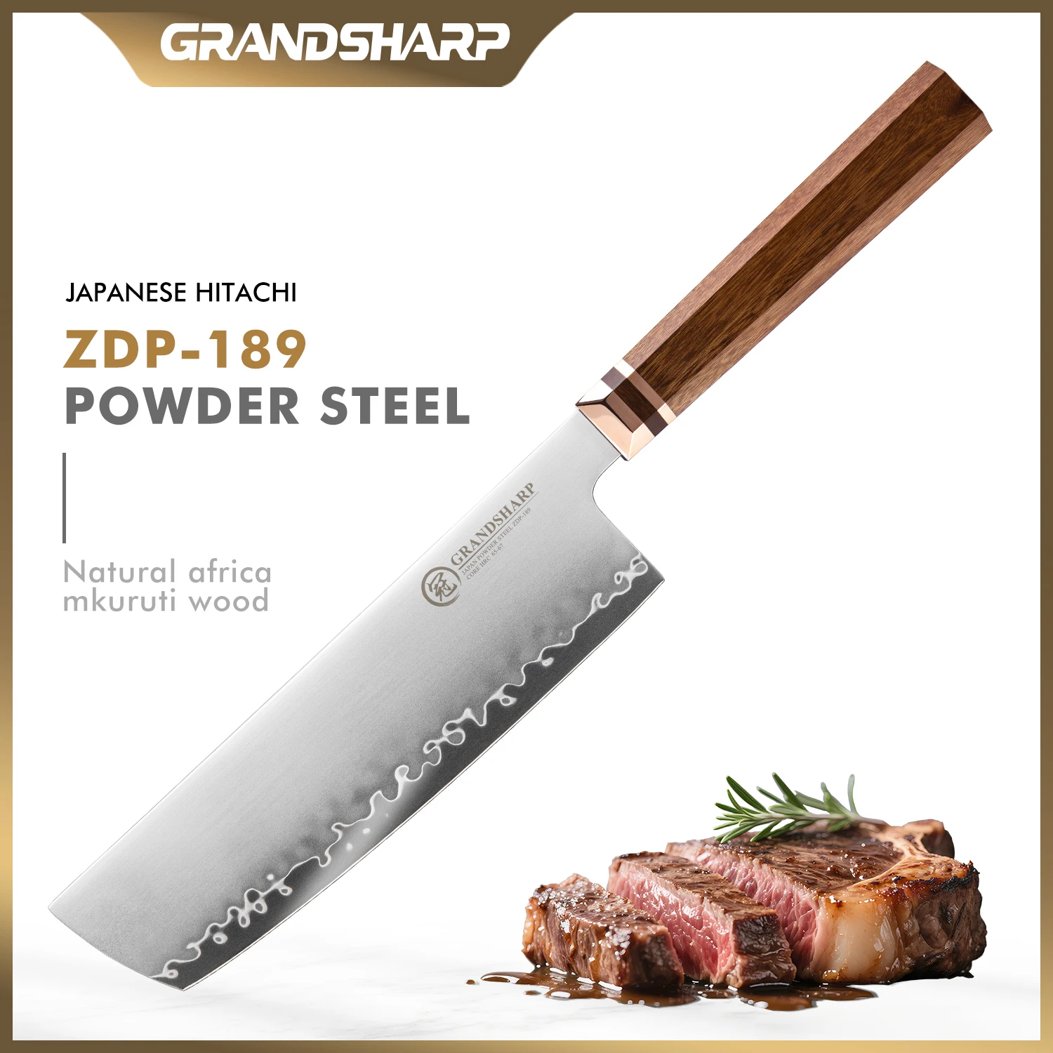 

Grandsharp 7.5 Inch Nakiri Knife ZDP-189 Steel Core 3 Layer Composite Africa Mkuruti Wood and Brass Handle Vegetable Chef Knife